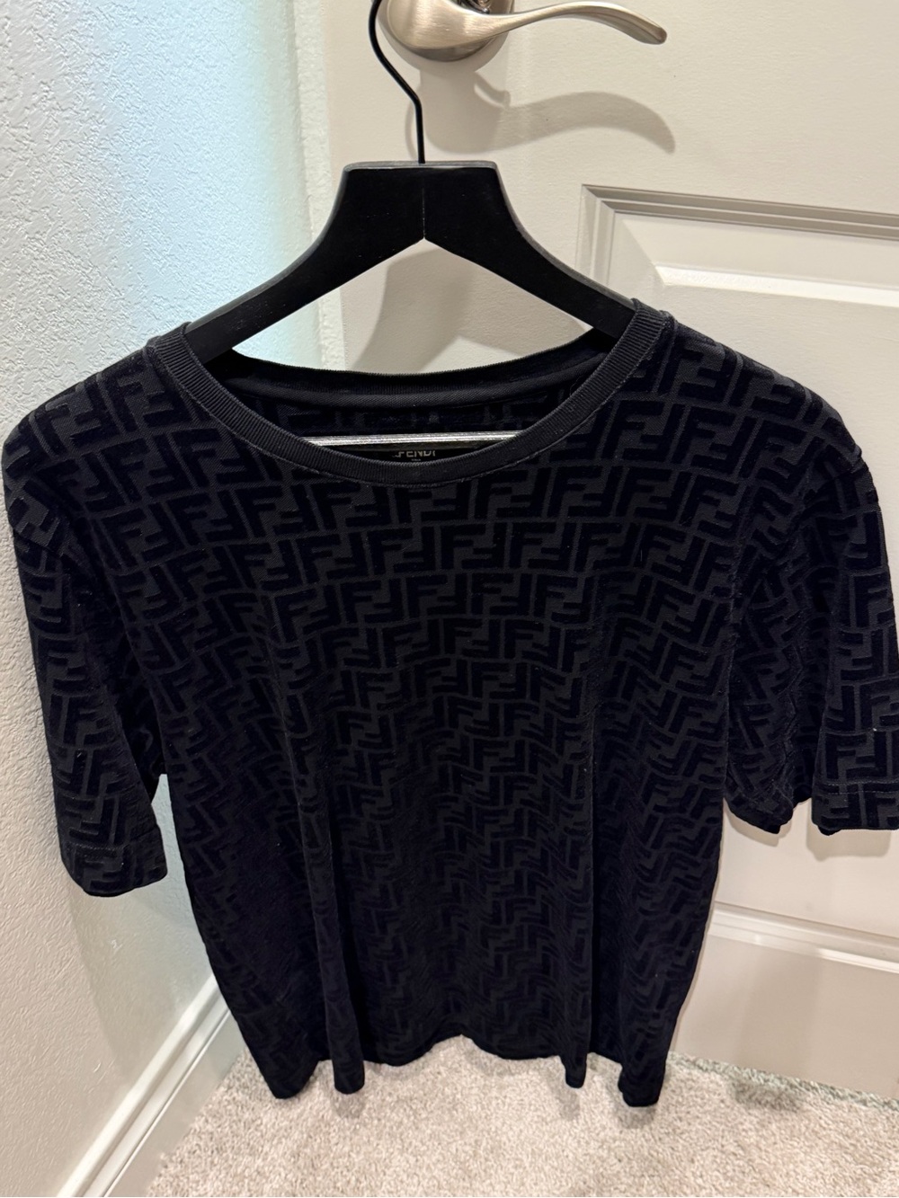 Fendi Black Velvet Flocked FF Logo Short Sleeve Tee
